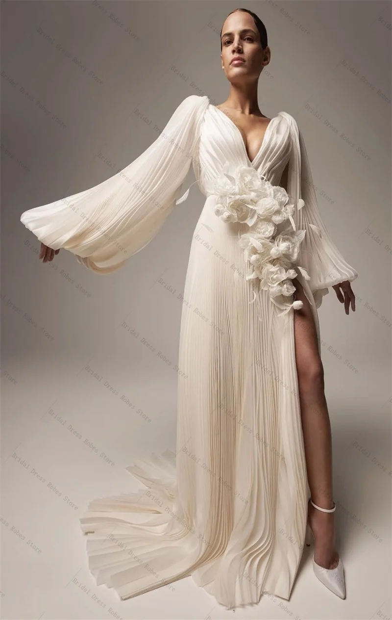 

Beige Ruffles Women Prom Dress For Photo Shoot Sexy V Neck 3D Flower Night Gown Bridal Morning Robe Customized Long Party Skirt