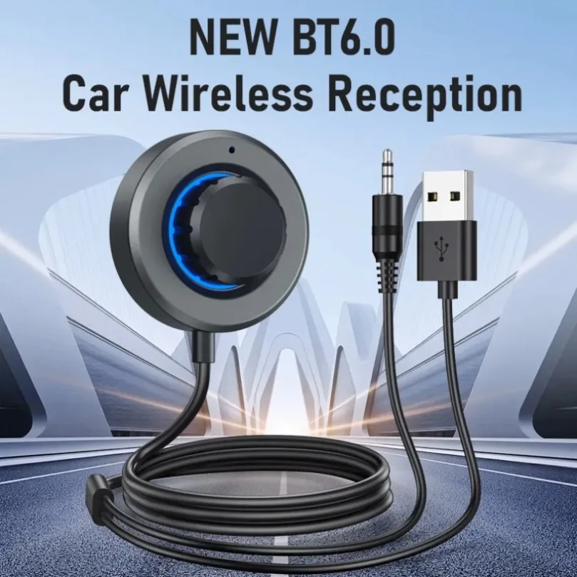 Wireless Bluetooth 6.0 Receiver For Car AUX Input 3.5mm Audio Jack Handsfree Calling Navigation Broadcast Support Two Phones