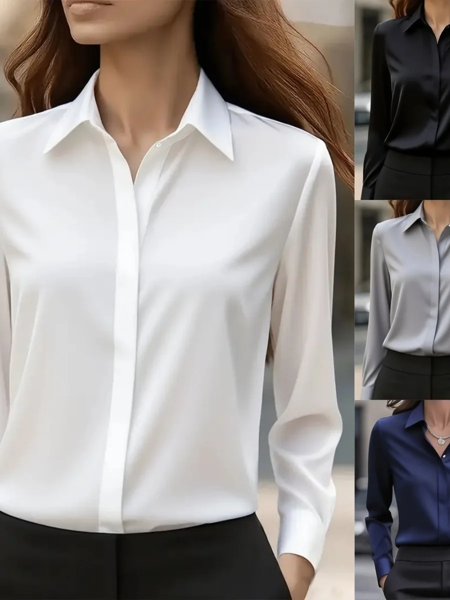 Automne couleur Pure longue Sve polyvalent soie irt femmes Ele Profional trajet haut Long coupe ample fibre de Polyester