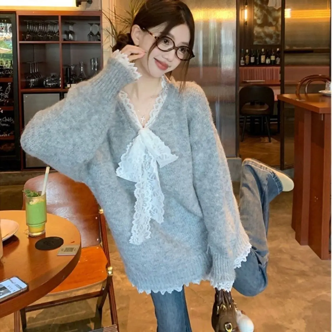 

Lace Stitching Sweater Bow Long Design Long Sleeve Sweater Women'S Autumn Casual Loose Temperament Top