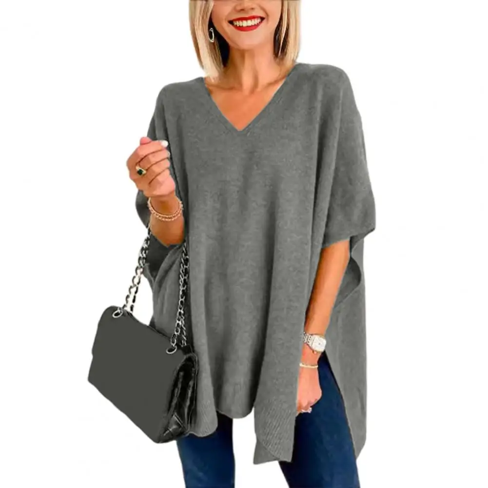 

Simple Sweater Stylish Women's V-neck Batwing Sleeveless Sweater Vest with High Low Hem Loose Fit Casual Top for Autumn Winter