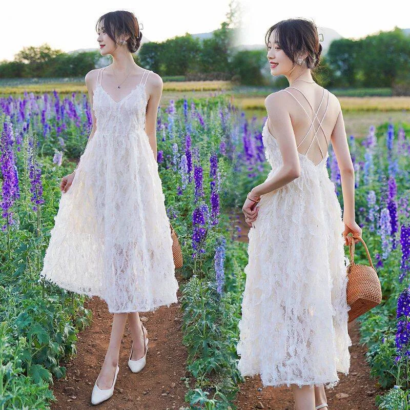 Women Dress Summer White A-Line High Waist Tassel Feather Spaghetti Strap Backless Midi Dress Beach Holiday Casual Dress Boho