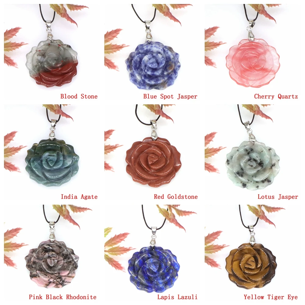 35mm Natural Gems Carved Rose Flower Center Stone Amethyst Crystals Reiki Healing Quartz Pendant Bead Jewellery Charms Necklace