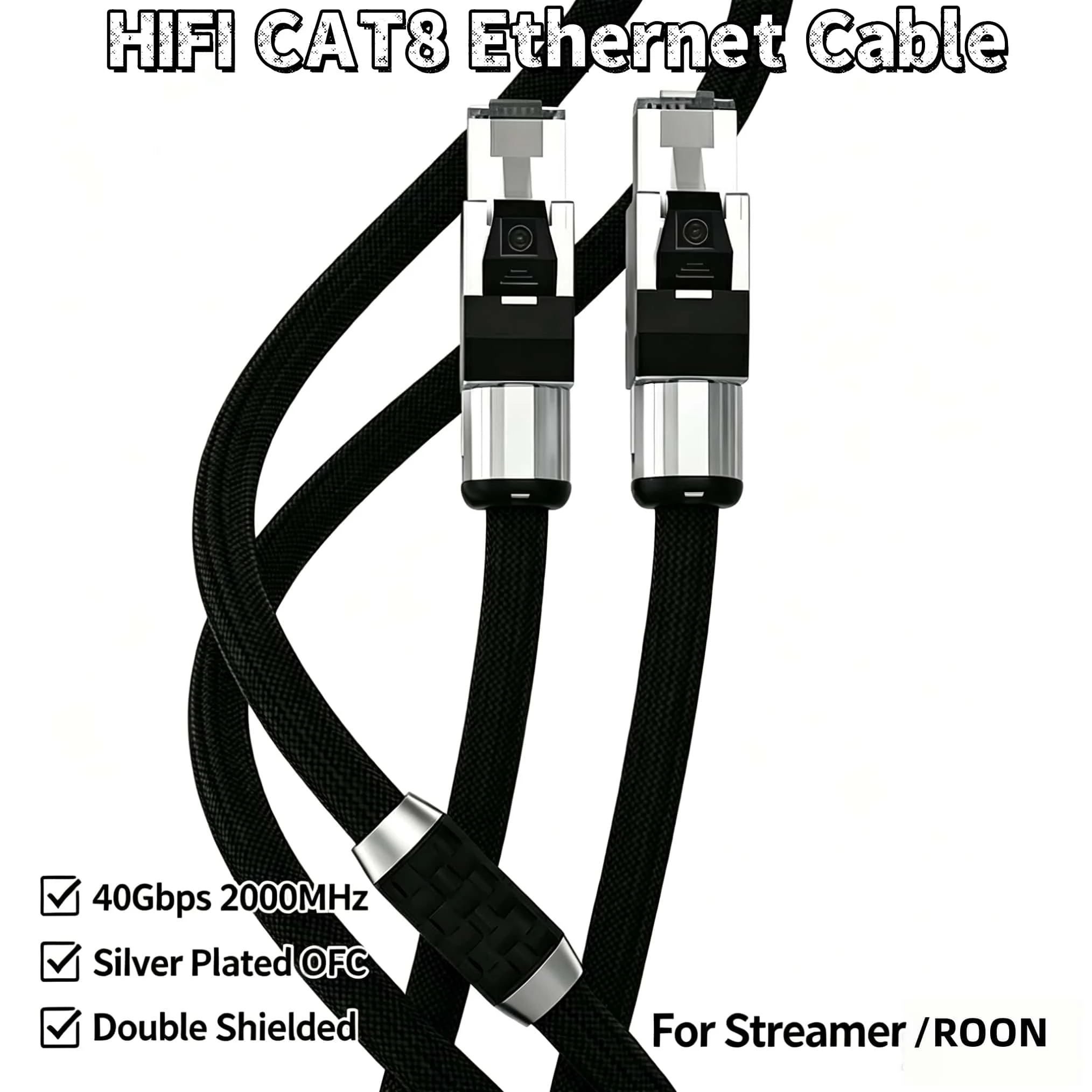 CAT8 RJ45 Ethernet Cable Silver Plated OFC HIFI LAN Network Cable 40Gbps 2000MHz Double Shielded for Streamer ROON Network Playe
