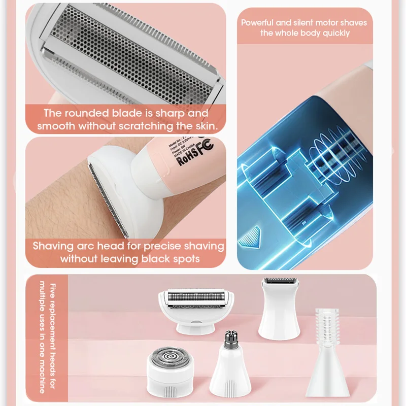 

5 In 1 Wet/Dry Face Hair Remover USB Charging Painless Hair Removal Multi-Purpose Portable Shaving Machine for Face Nose Eyebrow