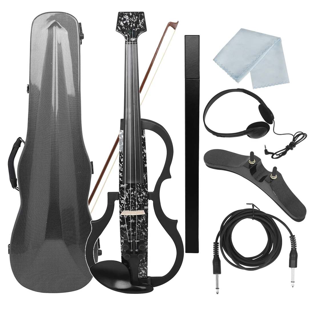 Professional 4/4 Electroacoustic Violin Headless Silent Carbon Fibre Electric Violin with Violin Bow Cable Headphone Accessories