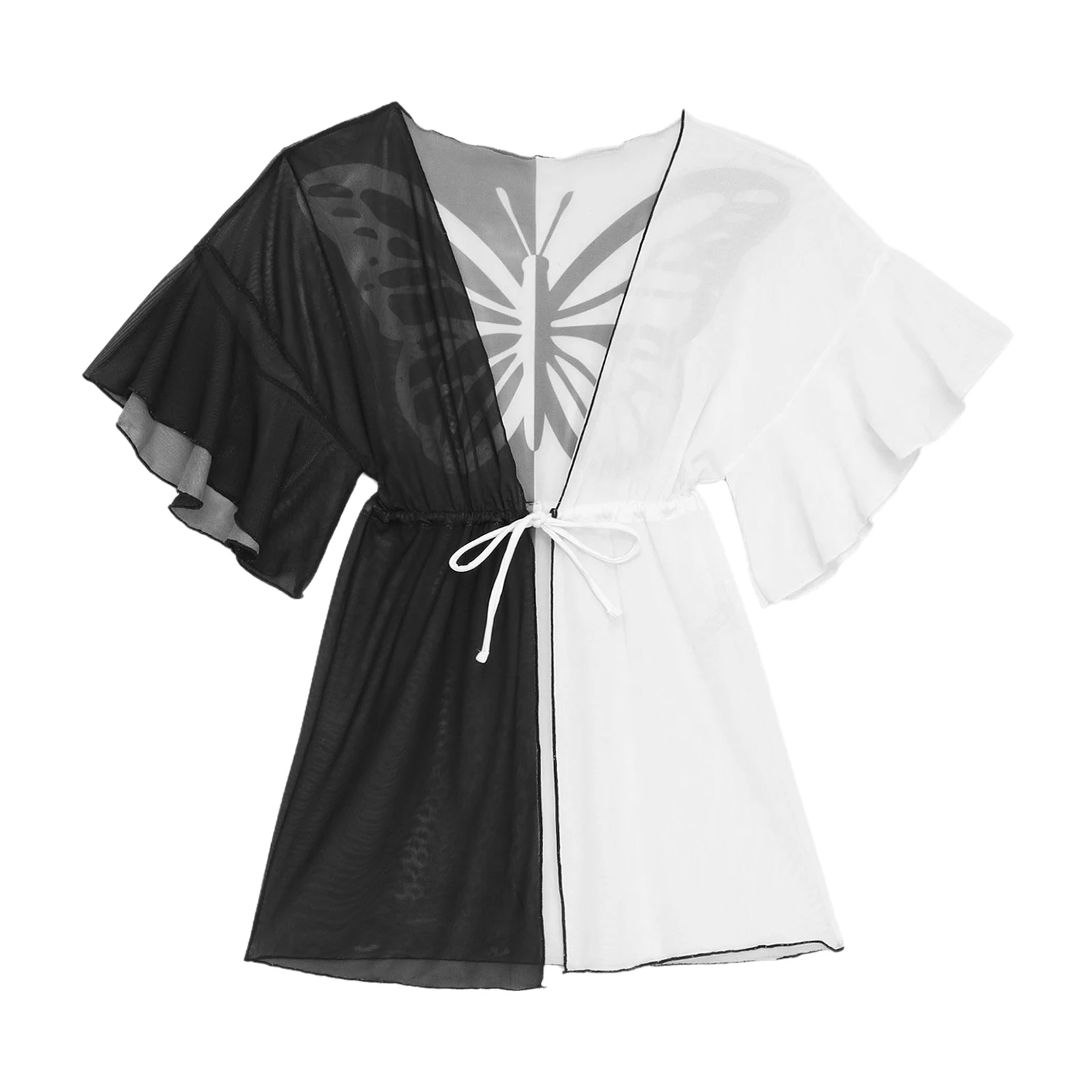 

Kids Girls Chiffon Swimsuit Cover Up Short Sleeve Drawstring Beachwear Bikini Butterfly Print Loose Thin Quick Drying Swimwear