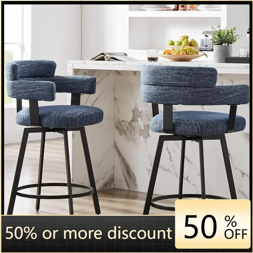 

Counter height bar stool with full backrest rotating bar chair, modern high footed stool,2-piece set, with linen padded backrest