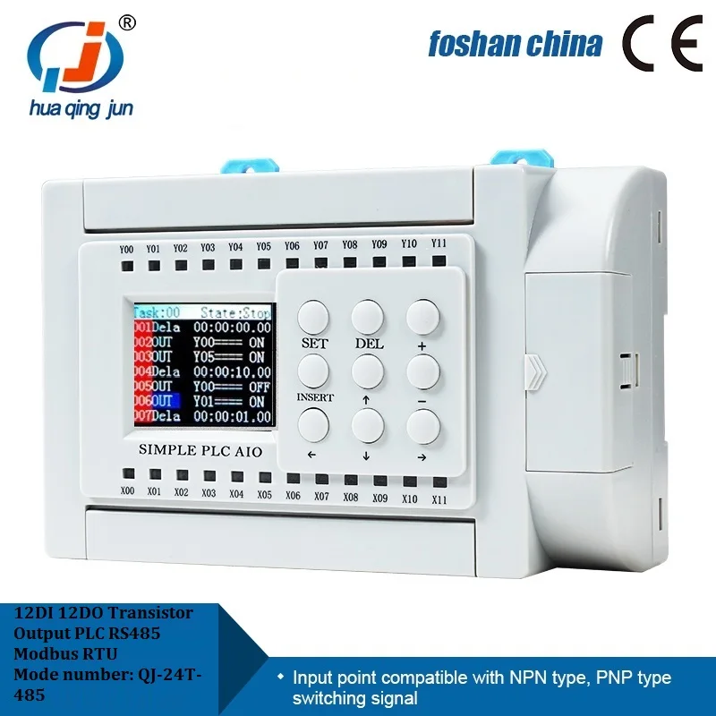 Orignal 12DI 12DO Transistor Output PLC RS485 Communication Modbus RTU QJ-24T-485 DC12-24V PLC Controller for Automation