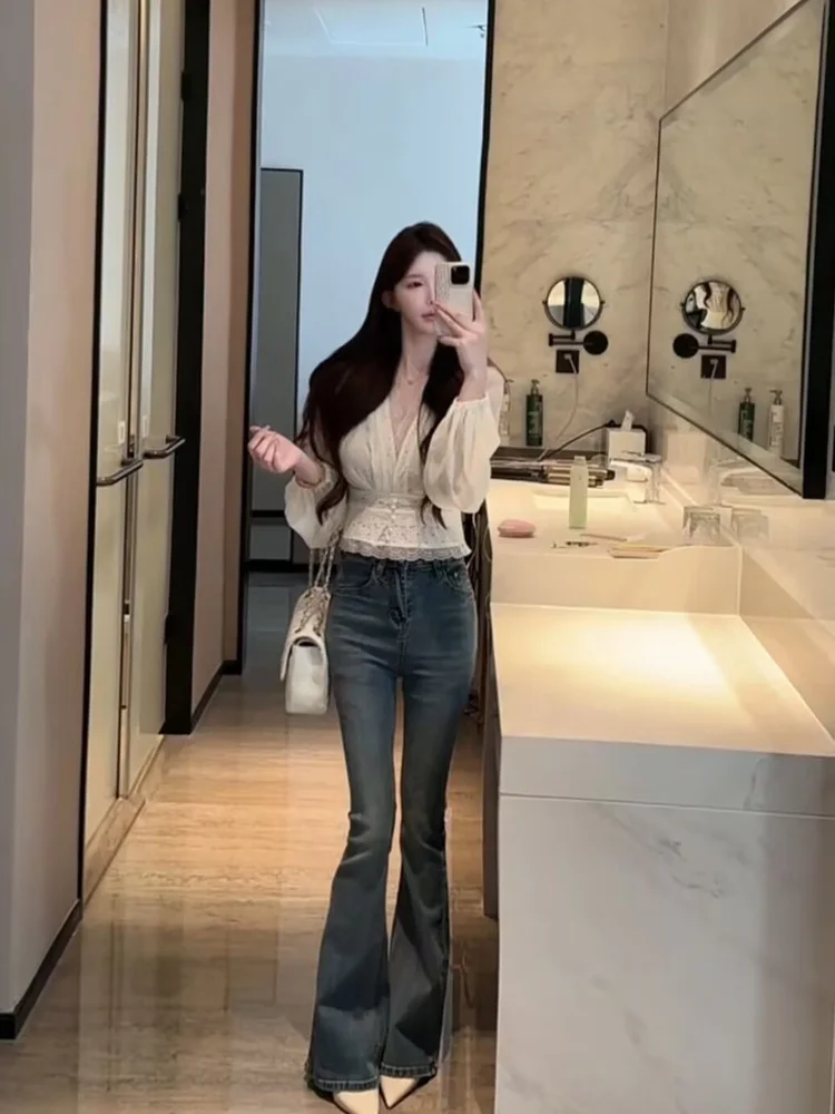 

High Waist Bell Bot Blue Jeans Women's High Waist Slim Fit Long Pants Korean Sle Cotton Stretch Denim Retro Wa