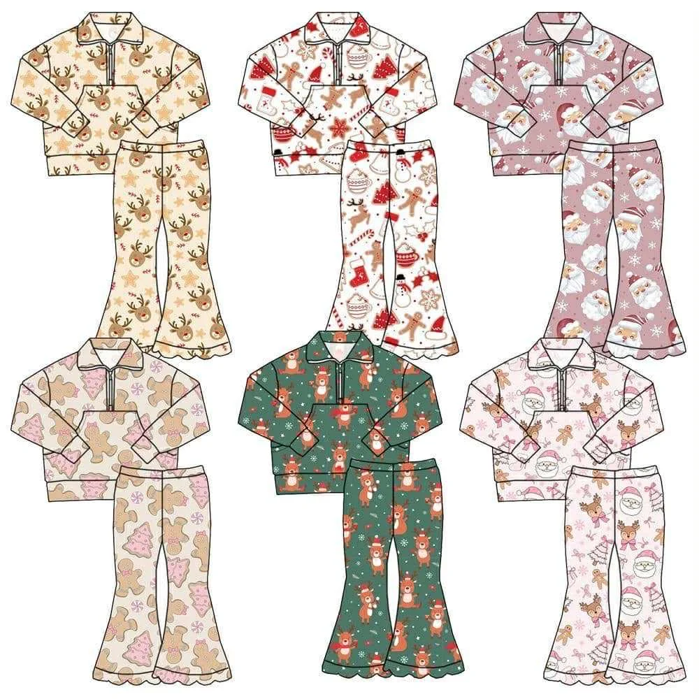

Girls Christmas Print Outfit with Zipper Design And Ruffles Bell Pants - Children's Holiday Clothing Set