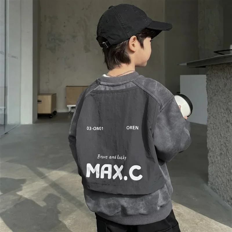 

Boy Stylish Versatile Children's Sweatshirt 2024 New Long Sleeve Grey Patchwork T-shirt Loose-fit Korean Unisex Autumn Clothing