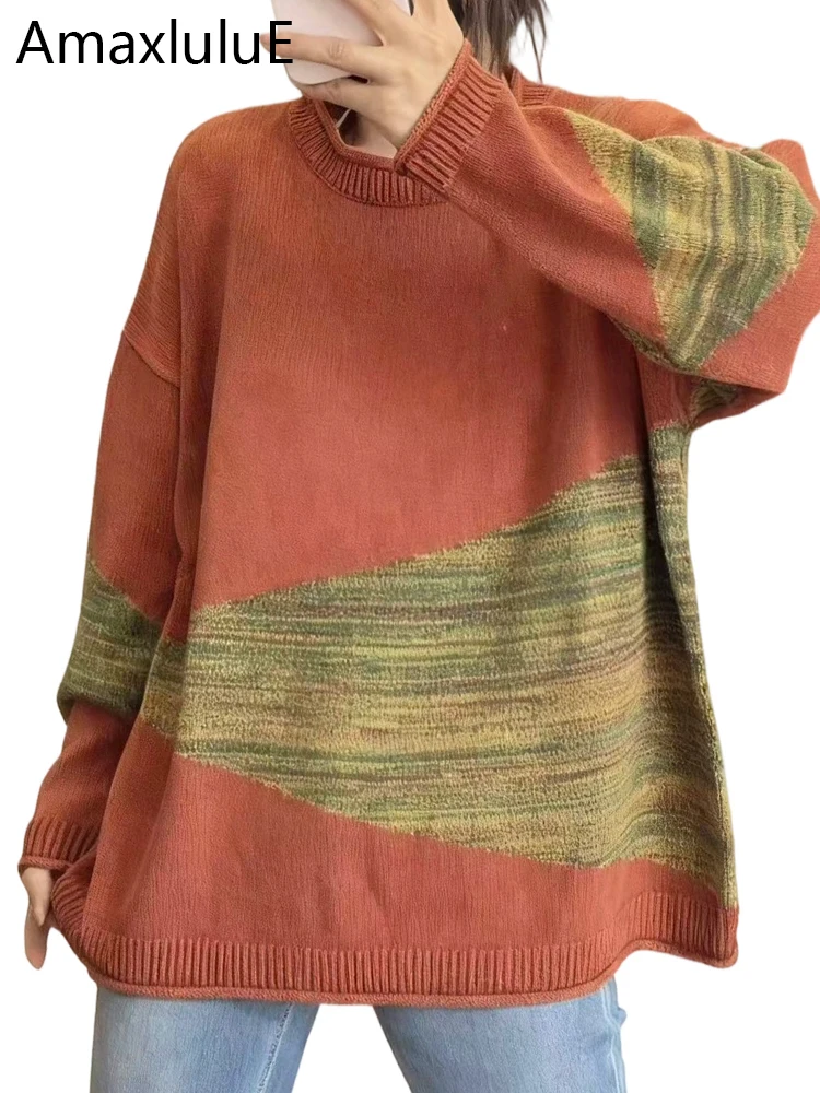 

Amax LuluE брендовый зимний теплый пуловер, женский модный лоскутный свободный свитер, 2025 г., женские повседневные классические джемперы большого размера с круглым вырезом