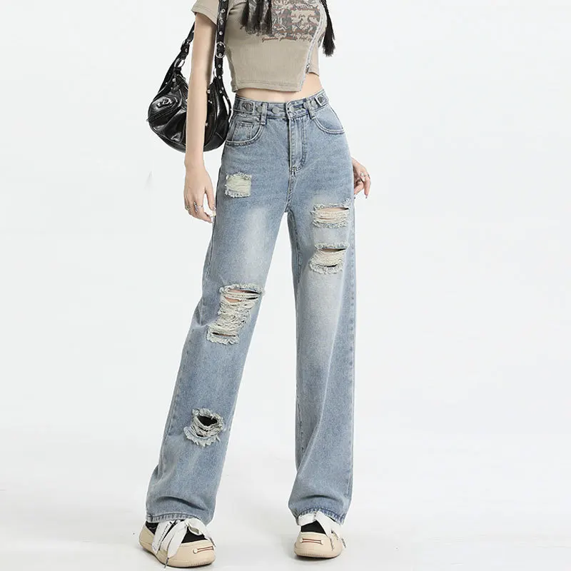 2024 Spring Autumn Women Hight Waist Hole Jeans Button Zipper Ladies Straight Trousers Solid Color Female Wide Leg Denim Pants