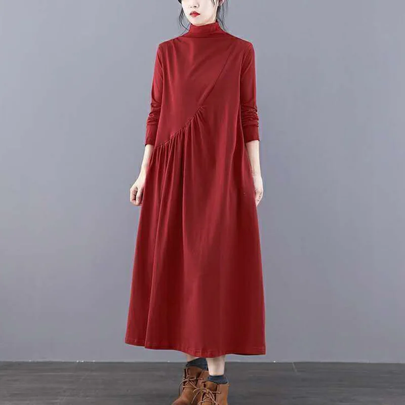 

Fashion Half High Collar Spliced Loose Folds Midi Dress Women's Clothing 2023 Autumn New Asymmetrical Casual Dresses