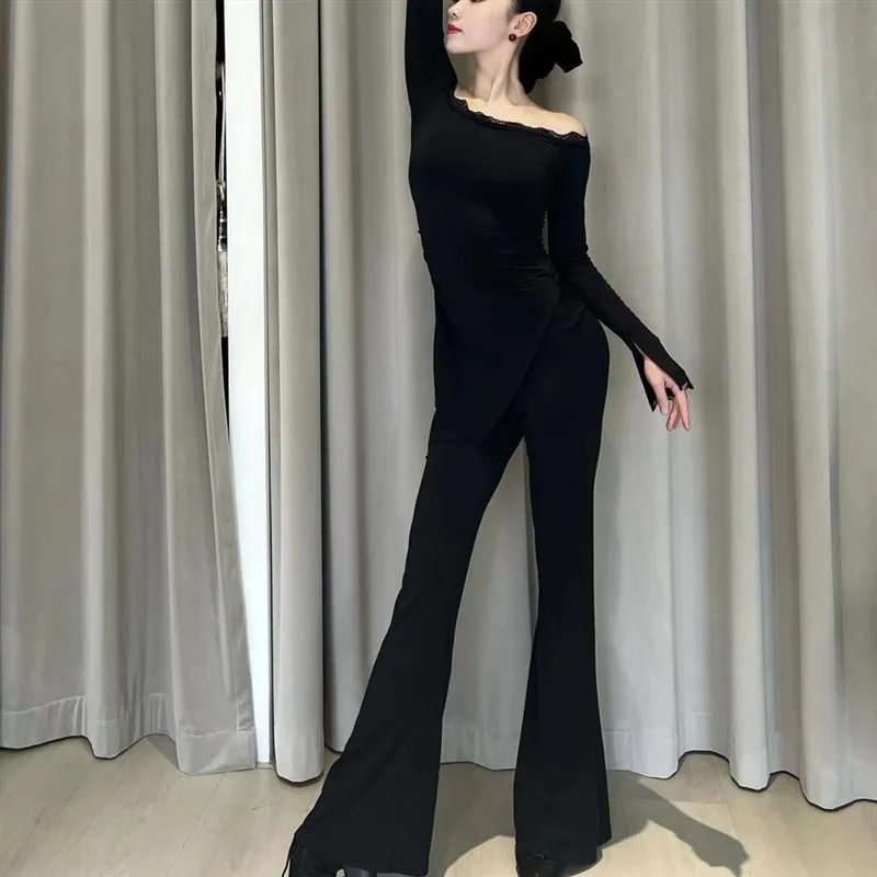 맞춤형 라틴 댄스 유니폼 한쪽 어깨 긴 소매 탑 가슴 패드 포함 연습복 여성 성인 교사용