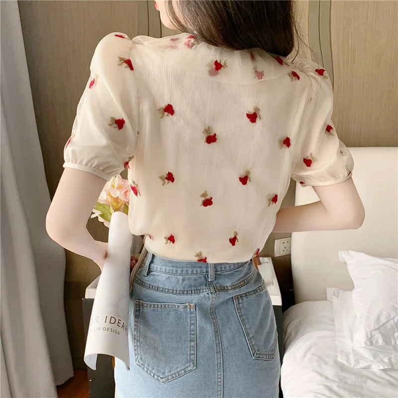 MEXZT Vintage Blouses Women Sweet Elegant Floral Bandage Shirts Korean Office Lady Print Puff Short Sleeve Loose Casual Tops