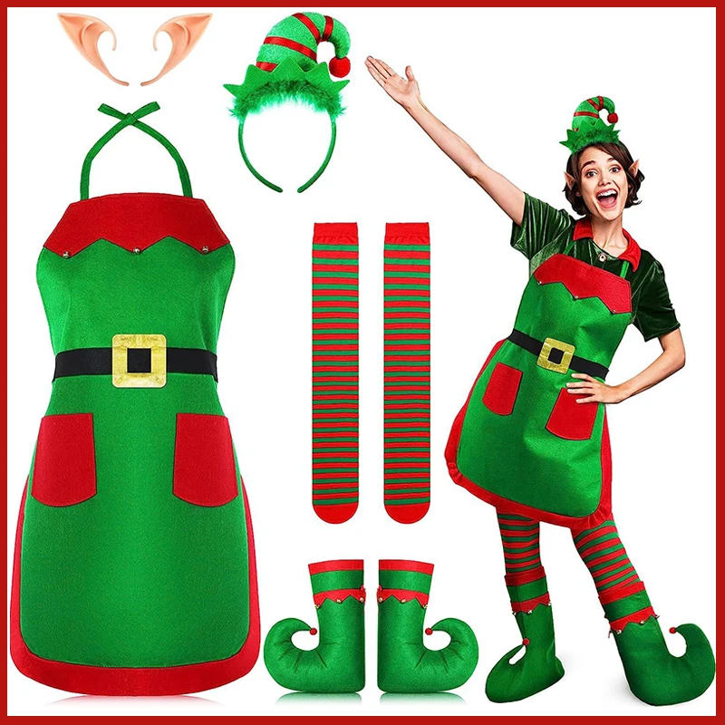 

Girls Christmas Costume Xmas Elf Ear Striped Stockings Hat Shoes Cosplay Suits Kitchen Aprons Carnival Party performance Outfits