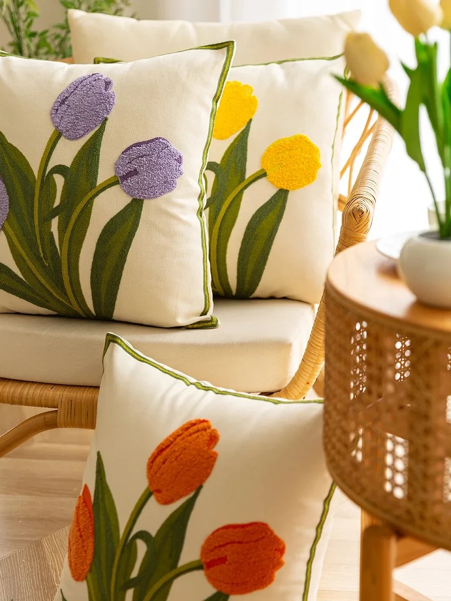 Reine Baumwolle Stickerei Tulpe Frühling Dekokissenbezüge Außenterrasse Kissenbezug Kissenbezüge Sommer Gartendekorationen Zuhause – Detail 1