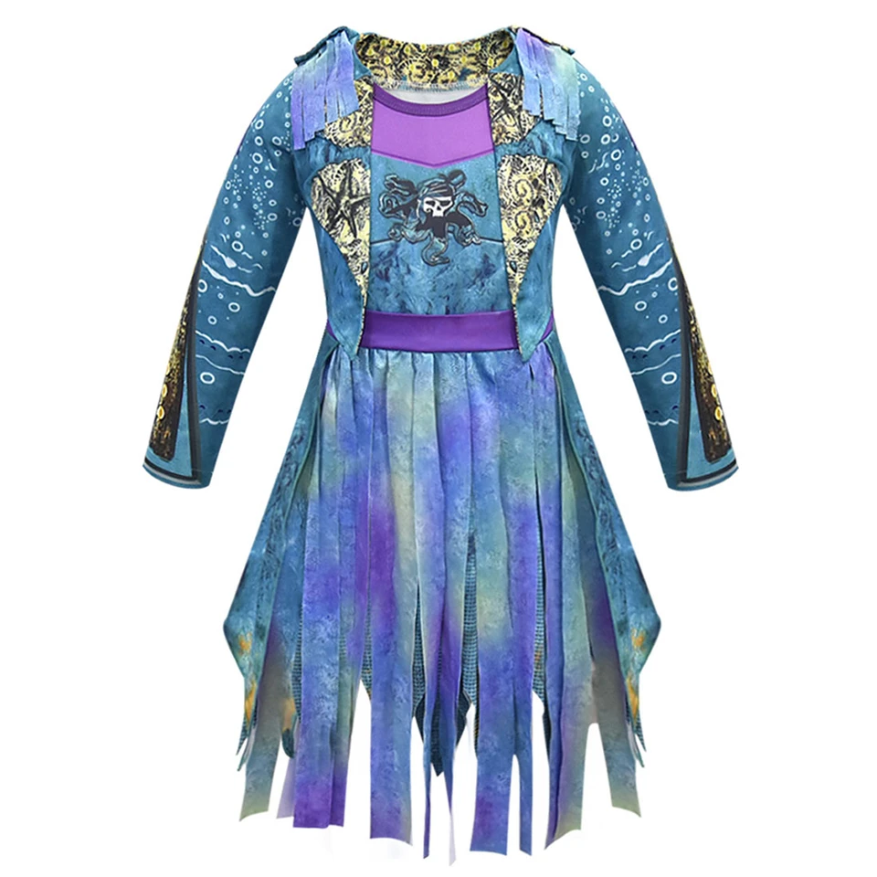 Girls Ocean Blue Gradient Pirate Princess Costume Halloween Cosplay Skull Printed Kids Dress Carnival Party Children's Costume