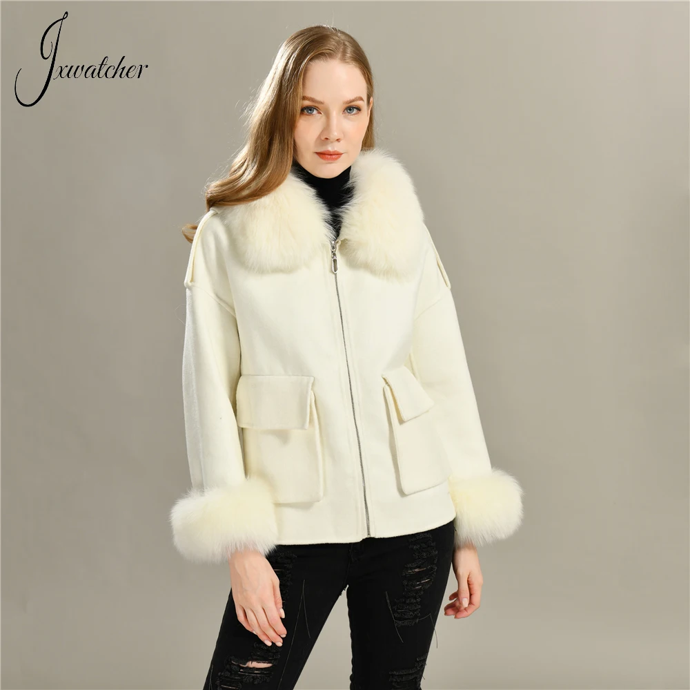 Jxwatcher Real Fur Coat High Quality Double Face Wool Coat Ladies Fall Winter Fashion Wool Jacket Real Fox Fur Collar Cuffs New