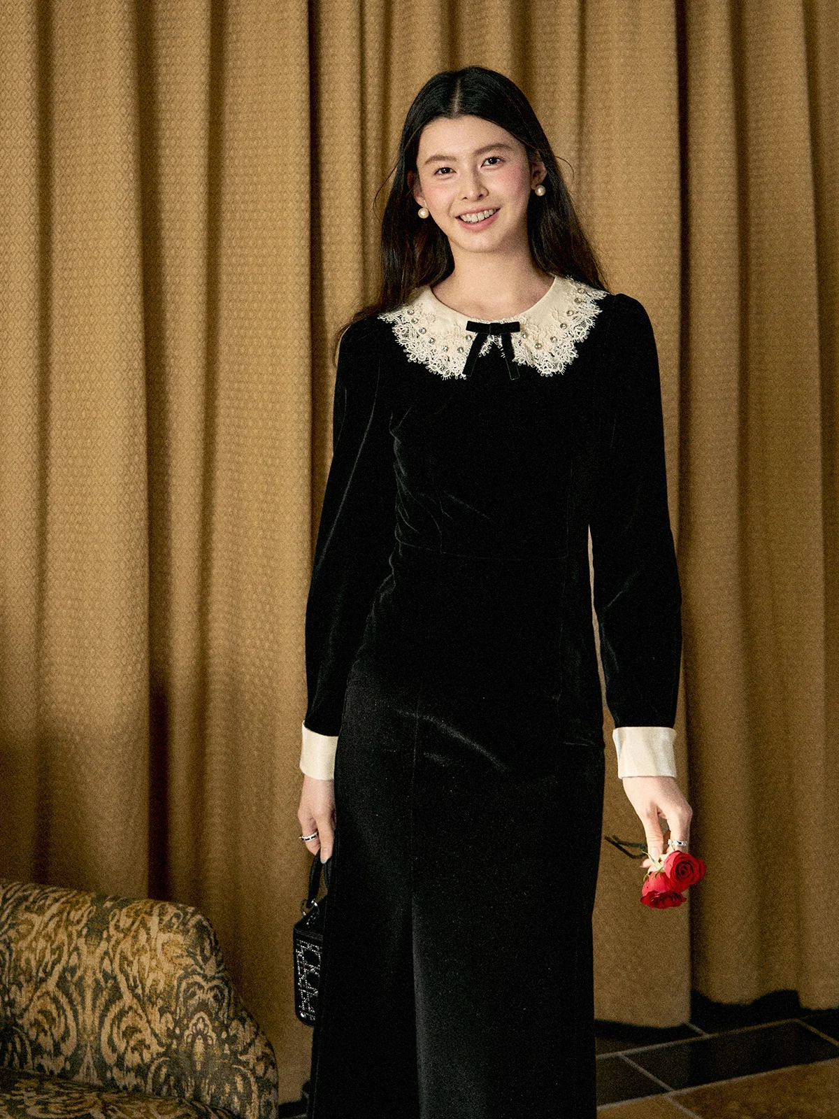 

Ele Velvet Long Sve Doll Collar Lace Dr Women's Autumn Winter High-End Hepburn Sle Skirt Ci Commute Casual Trav...