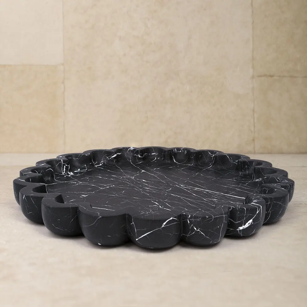 Rosella Round Platter Elegant Natural Stone Black and White Tray Scallop Marble Tray Fruit Party Tray