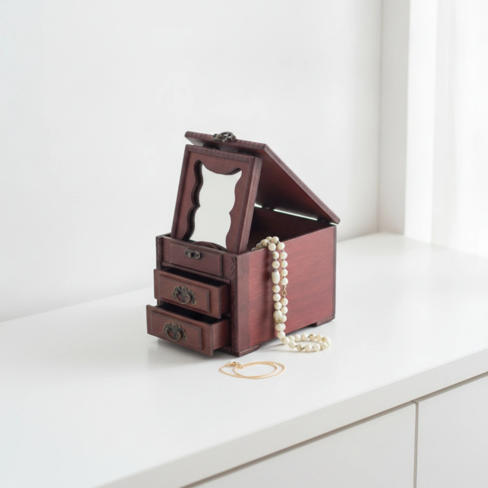 Wooden Jewelry Box with Mirror Solid Wood Wooden Jewelry Box Compact High-Quality for Women, Dressing Table, Bedroom