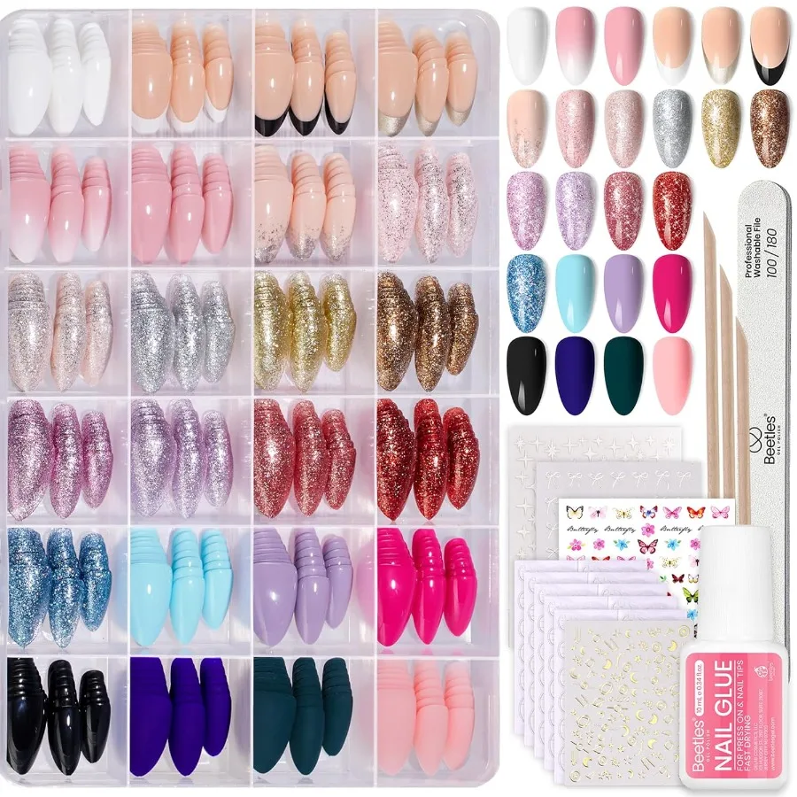 

720Pcs 24 Colors Press on Nails Kit with Nail Glue Tabs Stickers for Women Girls Short Almond Shape Glossy Matte Glitter Fake N