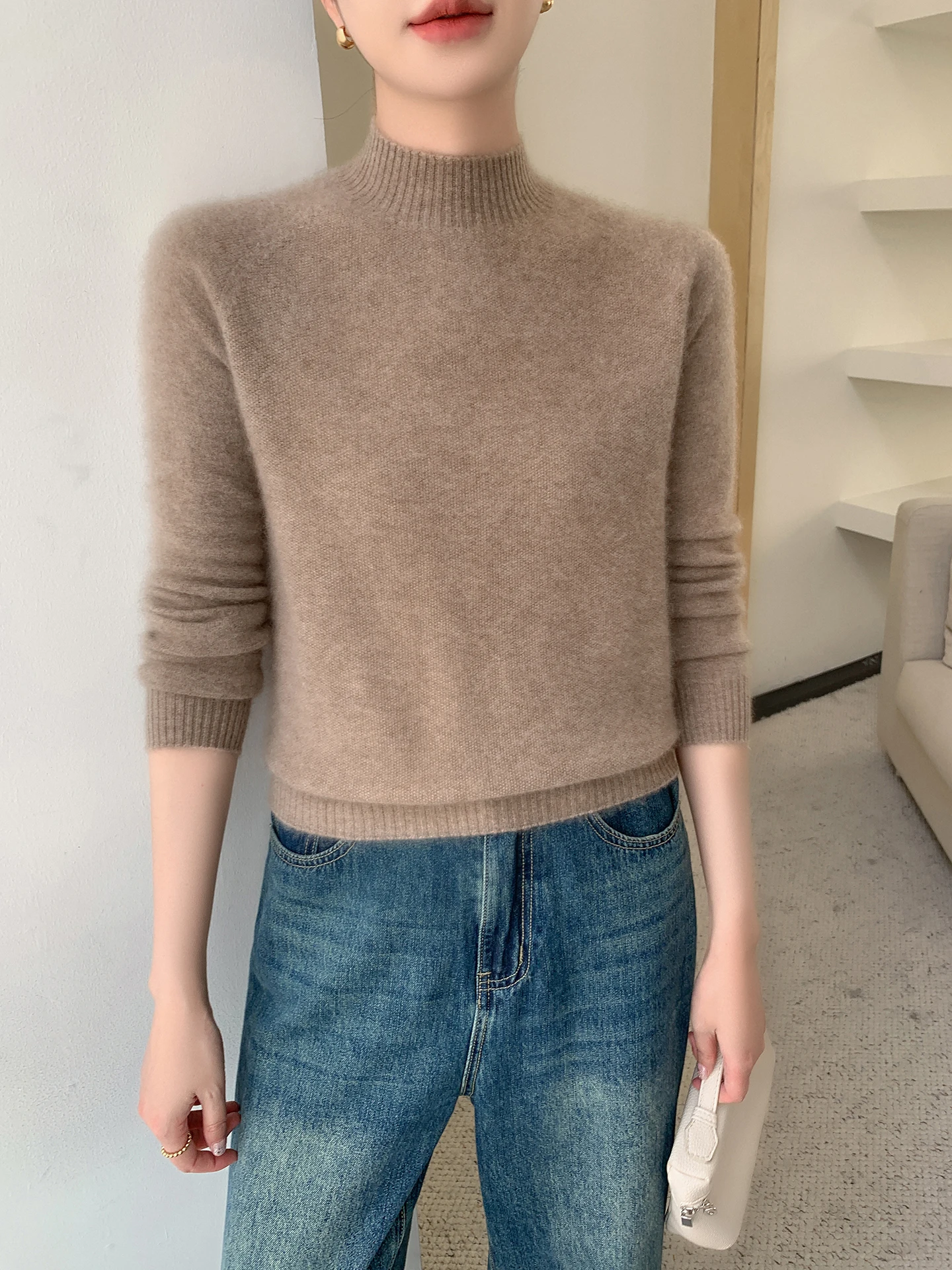 

Базовый осенне-зимний женский свитер, элегантный женский трикотаж из мериносовой шерсти, пуловер с воротником-стойкой, однотонная женская одежда с длинными рукавами, топы