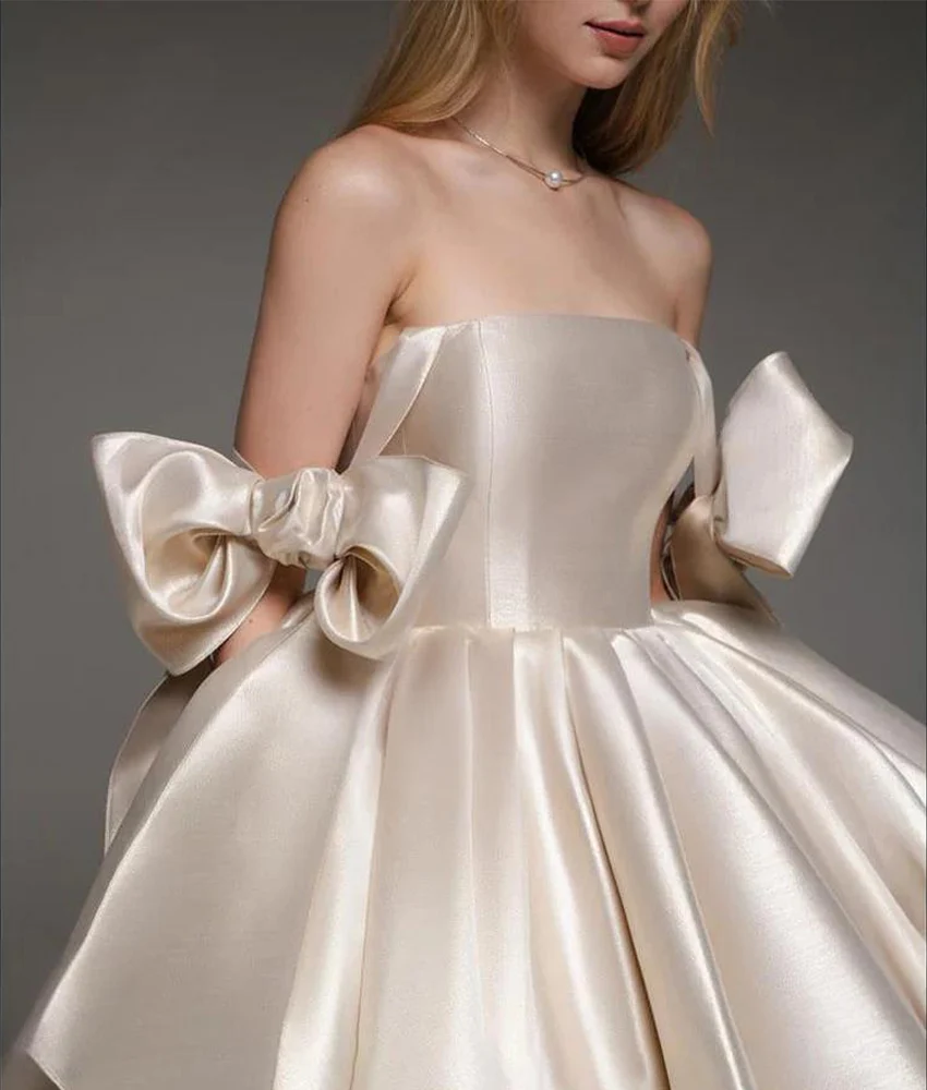 Abito da sera con fiocco 3D con spalline a trapezio in raso grazioso personalizzato Abiti per occasioni speciali senza maniche senza spalline