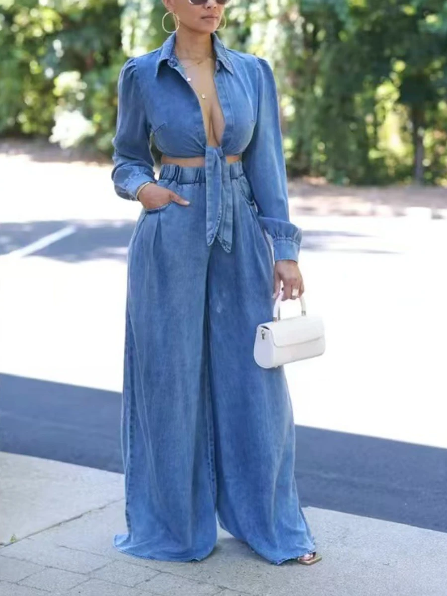 

Sexy Denim Two Piece Set for Women Lapel Long Sleeeve Short Top High Waist Floor Length Pant Female Casual Suit Female
