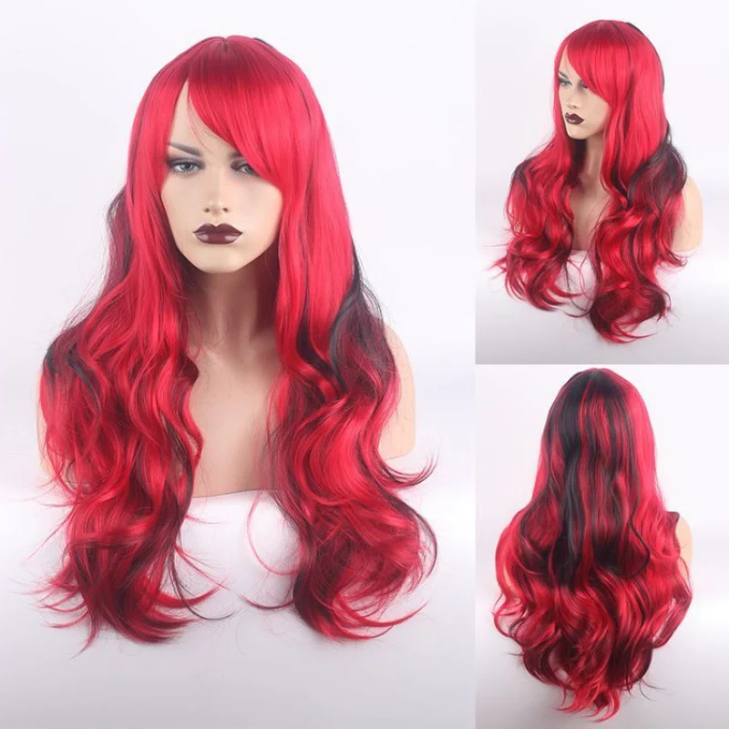 

woman's Long Wavy Curly Black Red Synthetic Hair Party +Wig Cap
