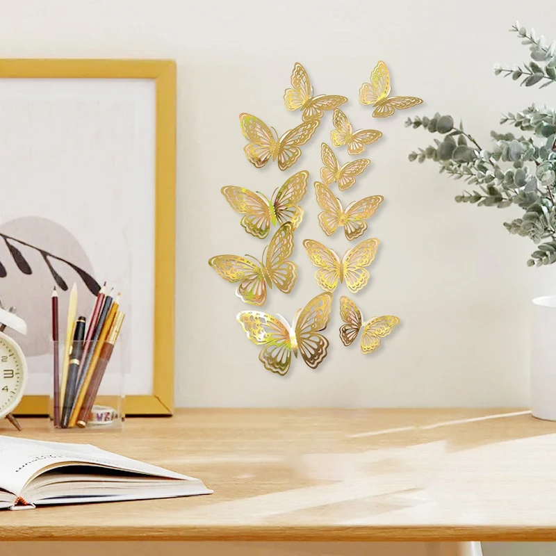 [MOA]12Pcs 3D Hollow Butterfly Wall Decal Mirror Wall Stickers For Kids Room Home Wall Decoration Fridge Sticker Wedding Party