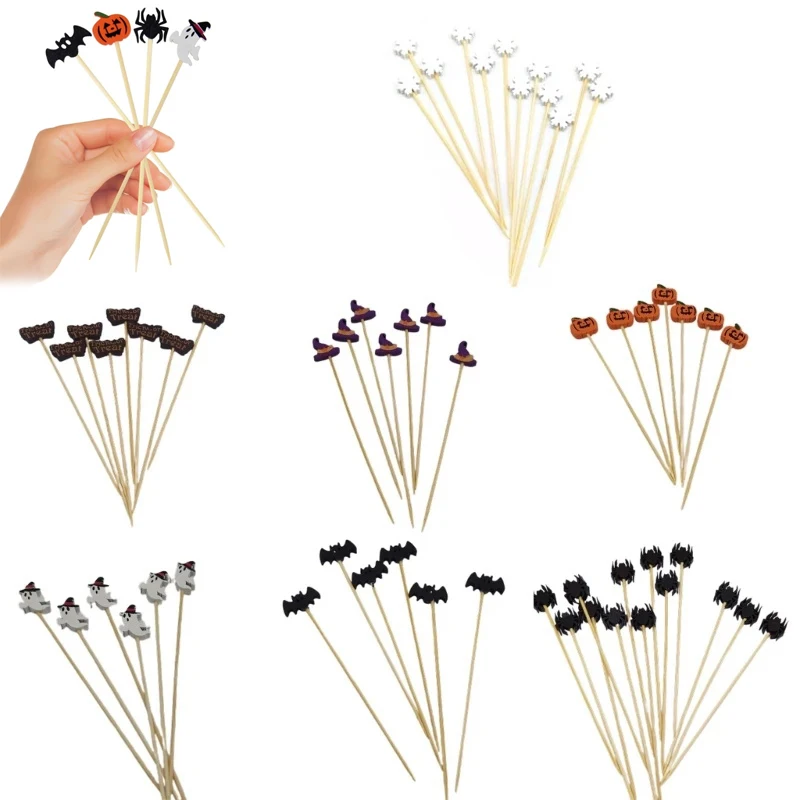 100pcs Halloween Pumpkin Bamboo Skewers Fruit Forks Buffet Dessert Toothpicks Cocktail Stick Ghost Bat Halloween Decoration