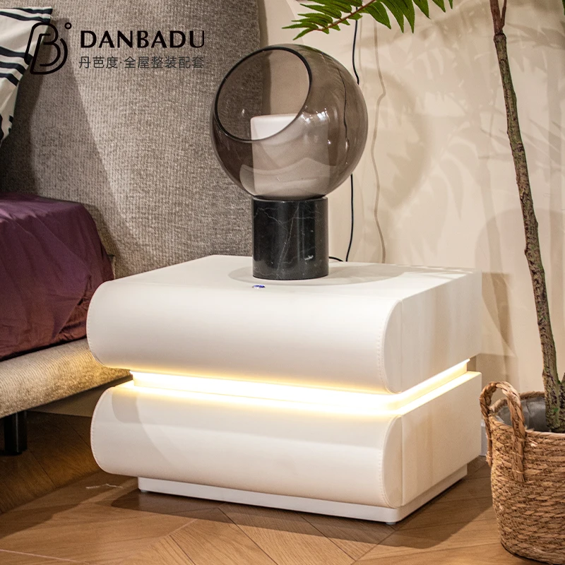 #Italian Luxury Leather Curved 2-Tier Spray Paint Built-in LED Sensor Ambient Light Hidden Handle Designer Storage Cabinet