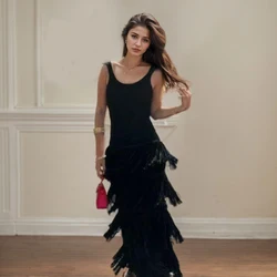 Fashion Streetwear Dress Sexy Solid U-neck Sleeveless Backless Knitted Layered Tassel Long Skirt Vintage Elegant Knitted Dresses