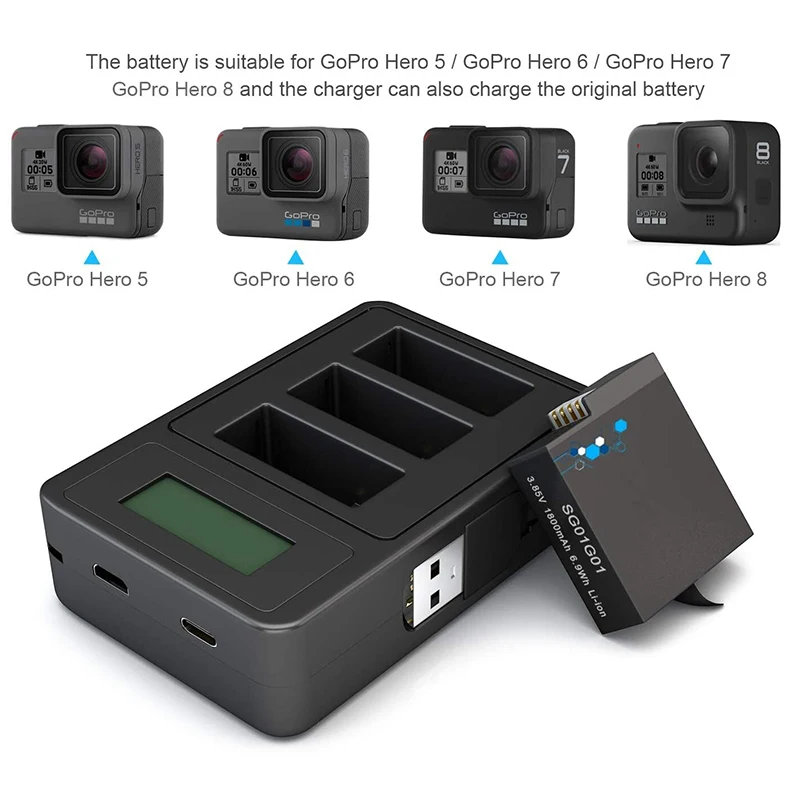 GoPro 8 Charger and USB Type-C fast charger For GoPro Hero 5 GoPro 6 GoPro 7 GoPro 8 Camera Battery compatible original battery