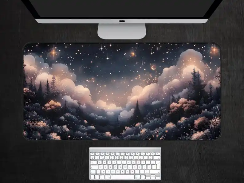 Starry Night Forest Art Deskmat,Non-slip and Waterproof Mousepad,Office and Gaming Desk Decorative Mat,Perfect Gift for Friends.
