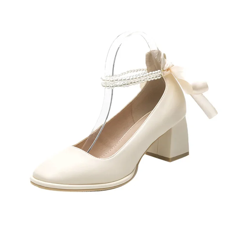 2022 New High Heels Women\'s Fashion Bow Thick Heel Square Toe Mary Jane Shoes Elegant Medium Heel Women\'s Shoes Party Shoes