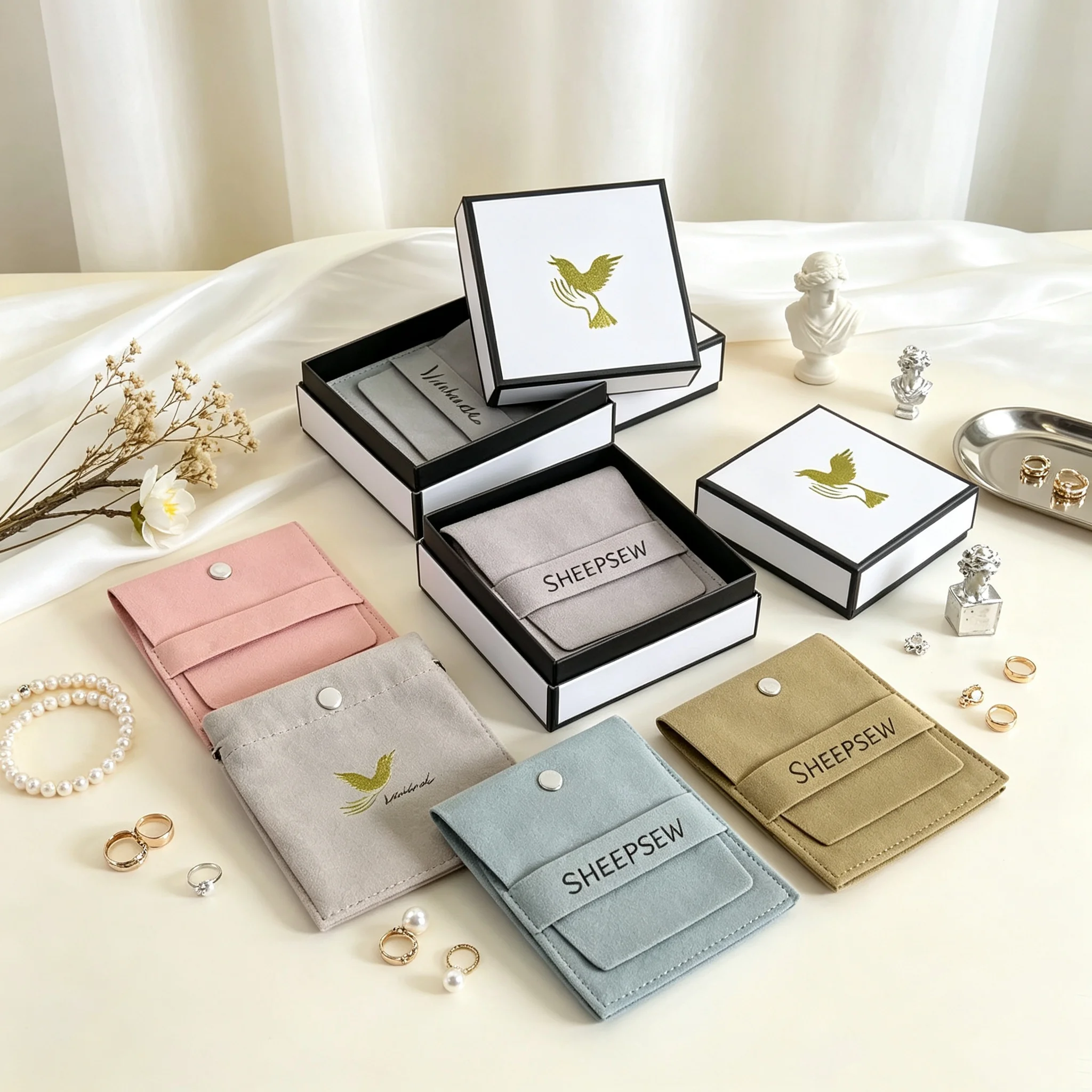 SHEEPSEW 24Pcs Custom Logo 992.5cm Coffee Drawer Jewelry Box with Pouch Bag, Chic Packaging for Rings Earrings Brooch