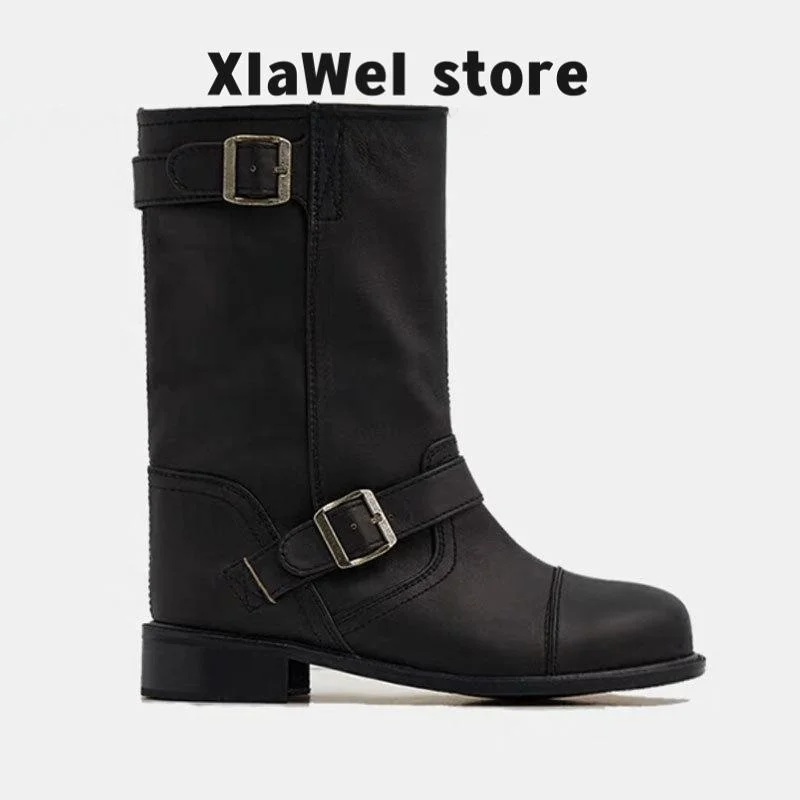 

Handmade Boots Women's Low Heel Mid-Calf Motorcycle Boots Genuine Leather ort Boots Korean Sle Summer oes