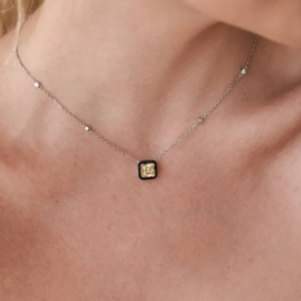 KQDANCE Solid 925 Sterling Silver With 7*7mm Square Yellow High Carbon Diamond Stud Earrings Necklaces Black Zircon Jewelry Sets