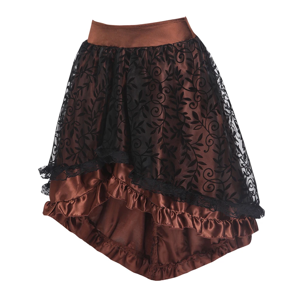 Plus Size Brown/Black Women's Victorian Asymmetrical Gothic Steampunk Corset Skirt With Back Zip