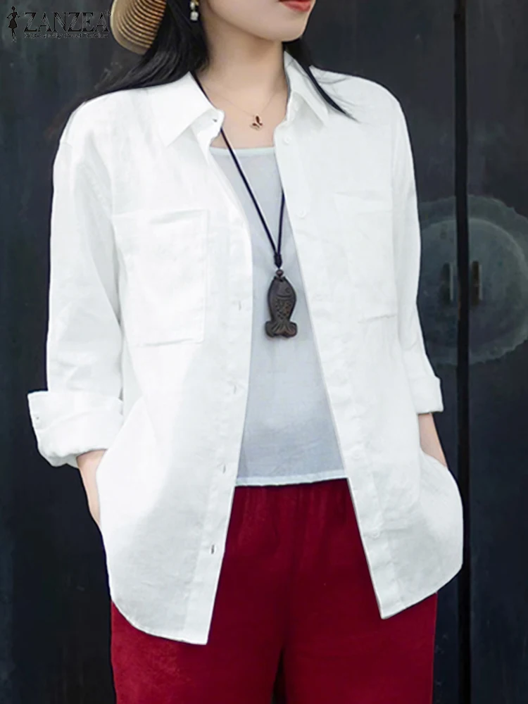

ZANZEA Women Casual Collared Shirts Street Fashion Long Sleeve Button Up Chemise Femme Oversized Cotton Solid Color Overshirts