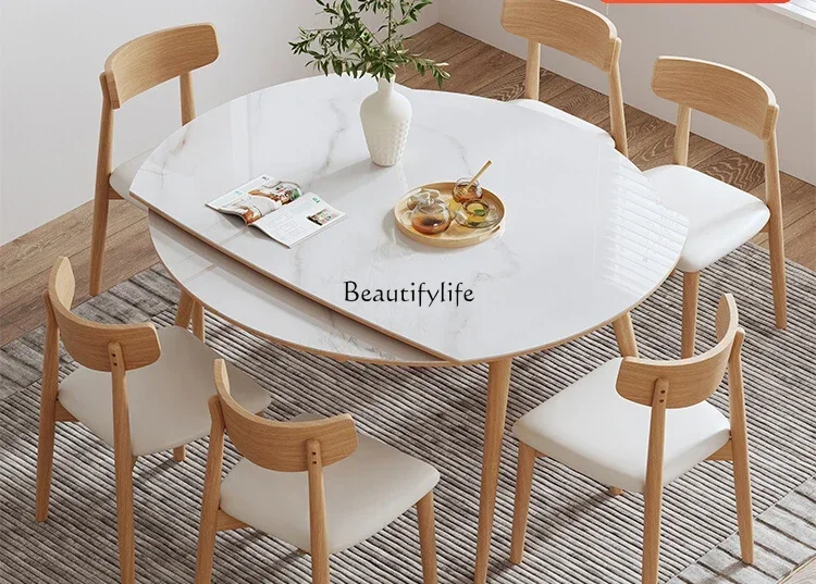 

Ash wood log color rock slab dining table square and round dual-purpose retractable folding stretching