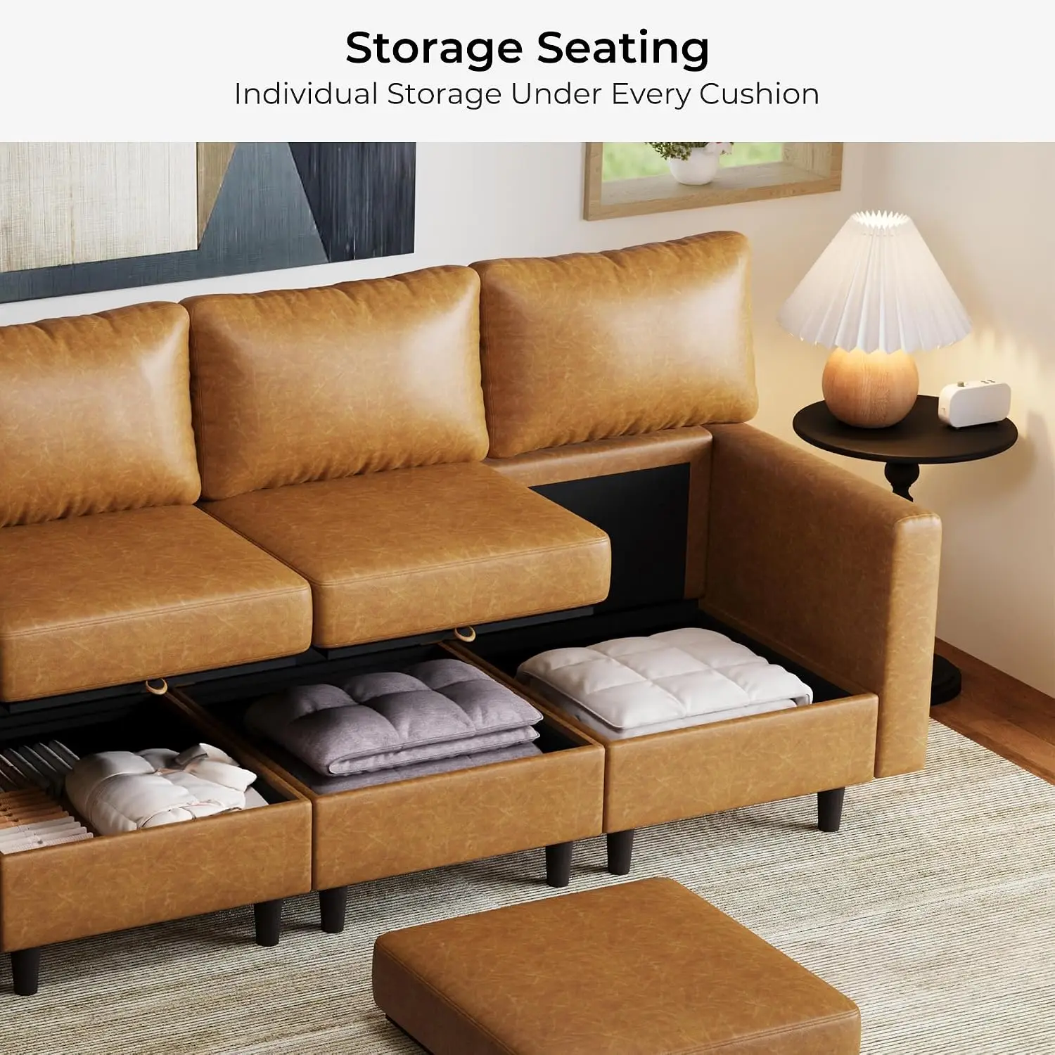 Faux Leather Modular Sectional Sofa with Storage Seat, 118.5
