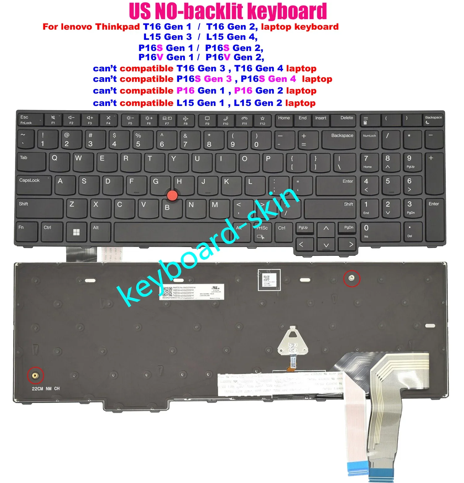 

Клавиатура без подсветки для ноутбуков Lenovo Thinkpad P16V / P16S / T16 Gen 1 Gen 2, L15 Gen 3 / Gen 4 (не подходит для L15 Gen 1, L15 Gen 2)
