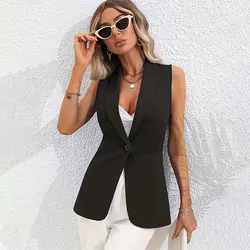 2024 New Women Europe United States Solid Casual Autumn Korean Style Female Black White Pink Suit Vest Top Sleeveless Outerwear