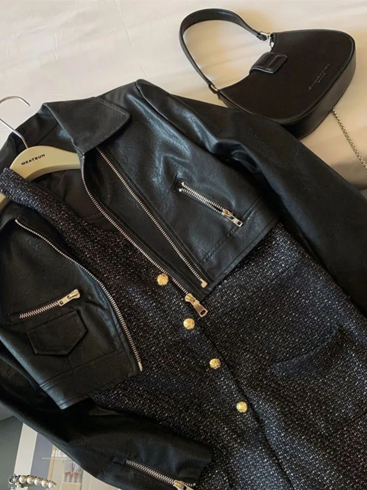 Chaqueta corta de piel sintética holgada Vintage de gran tamaño para mujer, ropa de calle con cinturón, abrigo Retro de motociclista con cremallera para mujer, prendas de vestir